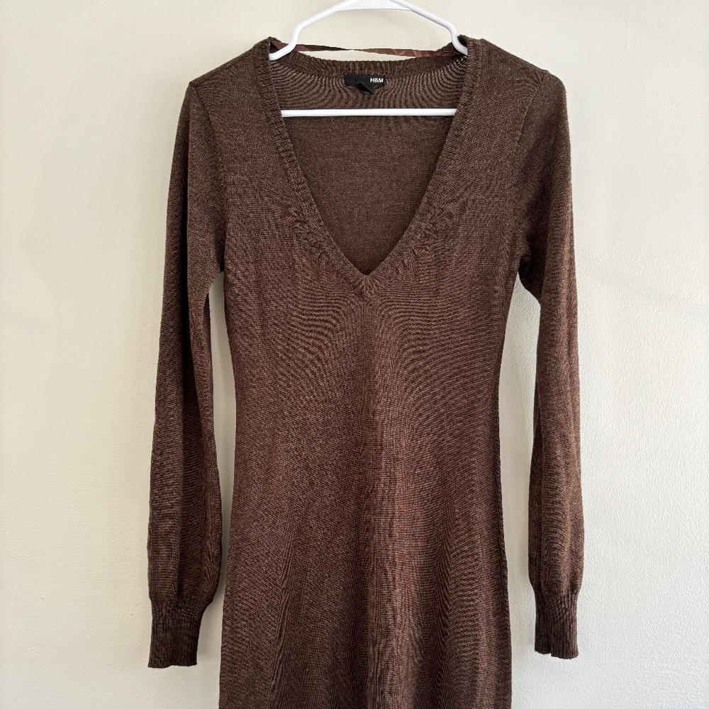 Chocolate Knit V-Neck  Bodycon Dress